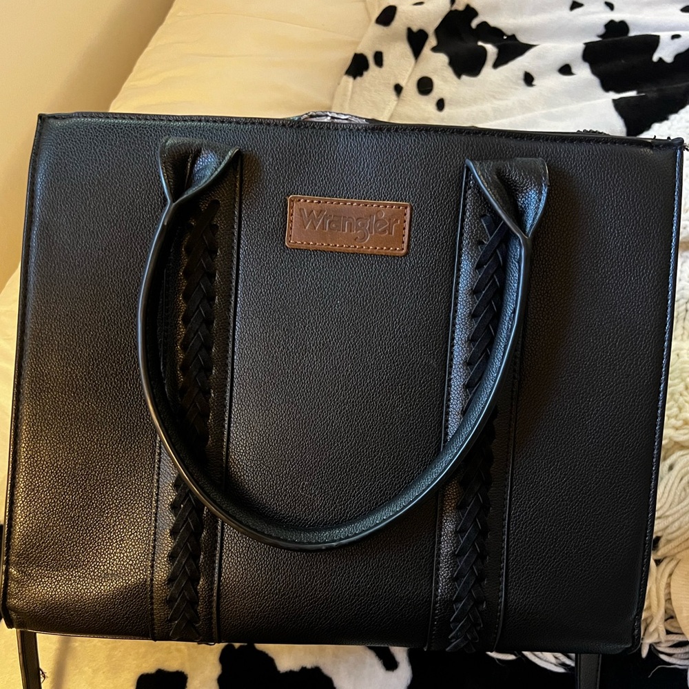 Wrangler Black Leather Bag with Braided Handles